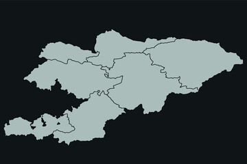 Contour vector map of Kyrgyzstan with the designation of the administrative borders of the regions on a dark background.
