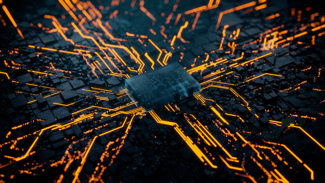 Advanced Technology Concept with Microchip. Orange Neon Data flows from the CPU across a Futuristic Motherboard. 3D render.