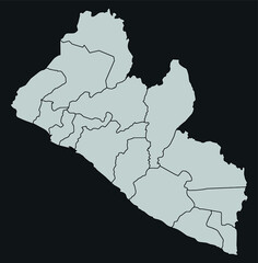 Contour vector map of liberia with the designation of the administrative borders of the regions on a dark background.