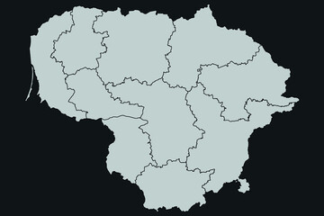 Contour vector map of Lithuania with the designation of the administrative borders of the regions on a dark background.
