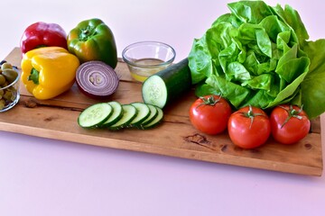 Fresh Mediterranean diet ingredients for making salads and healthy meals for heart healthy lifestyle. Photo concept, food background, copy space, close-up, vegetarian