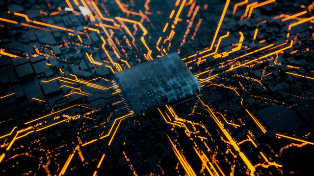 Advanced Technology Concept with Microchip. Orange Neon Data flows from the CPU across a Futuristic Motherboard. 3D render.