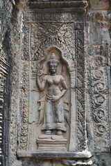 Fototapeta na wymiar Ta Prohm temple, near to Siem Reap, Cambodia. Highly detailed bas-reliefs, perfectly preserved. Ancient Hindu temple in Angkor complex.