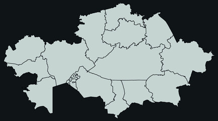 Contour vector map of Kazakhstan with the designation of the administrative borders of the regions on a dark background.