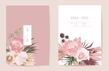 Wedding dried protea, orchid, pampas grass floral Save the Date set. Vector exotic dry flower, palm leaves