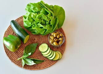 Fresh Mediterranean diet ingredients for making salads and healthy meals for heart healthy lifestyle. Photo concept, food background, copy space, close-up, vegetarian