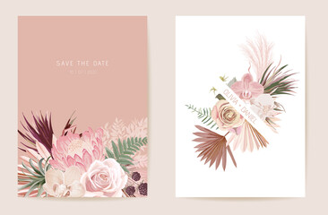 Watercolor orchid, pampas grass, protea floral wedding card. Vector exotic flower, tropical palm leaves