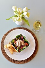 Healthy mediterranean ingredients with vegetables and chicken to make fresh nutritious salads and meals. Photo concept, background, table top view, copy space, healthy lifestyle