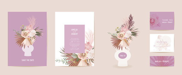 Watercolor protea, pampas grass, orchid floral wedding card. Vector exotic flower, tropical palm leaves