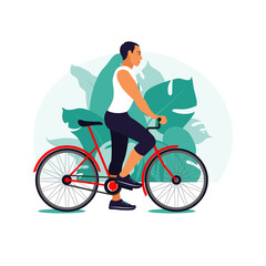 Man on a bike in the park. Healthy lifestyle concept. Sport training. Fitness. Vector illustration. Flat.