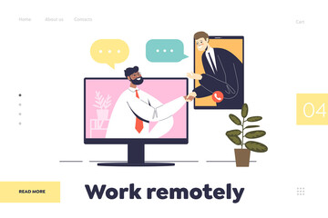 Work remotely landing page with businessmen shaking hands at online video conference meeting