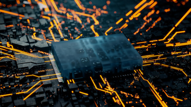 Advanced Technology Concept with Microchip. Orange Neon Data flows from the CPU across a Futuristic Motherboard. 3D render.