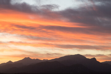 Silhouette of Serra de Tramuntana in Mallorca at sunset