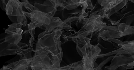 Floating white smoke on black background. Dry ice smoke fog Abstract smoke clouds. Haze background. 3D illustration