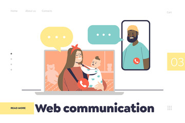 Web communication concept of landing page with parents and kid talk online during family video call