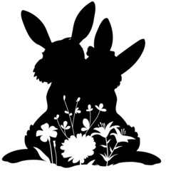 Easter rabbit bunny with flower black silhouette vector cut file on isolated background