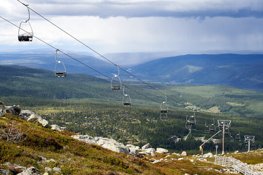 View of the valley with ski lift during the summer, Trysil, Norway
