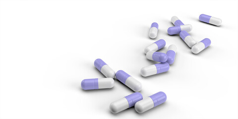 Several blue-and-white medical capsules. Medicines in the form of capsules are piled in a pile. 3D rendering