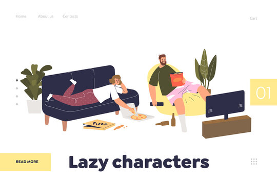 Lazy characters landing page with couple lying on coach, eat delivery food and watch tv on weekend