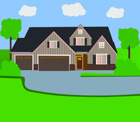 Illustrated cartoon house with clouds and tree 