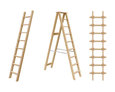 Wooden stairs, stepladder and rope ladder realistic set isolated on white background