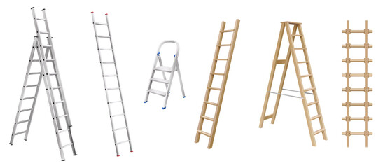 Realistic ladders for housekeeping. Set of stepladders, stair cases and rope ladder wooden and metal - obrazy, fototapety, plakaty