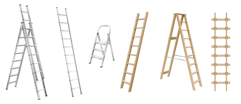 Realistic ladders for housekeeping. Set of stepladders, stair cases and rope ladder wooden and metal