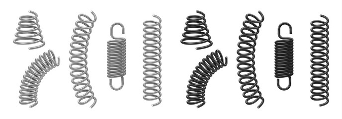 Coil and metal spring flexible cable mockup set. Realistic stainless black and silver spirals