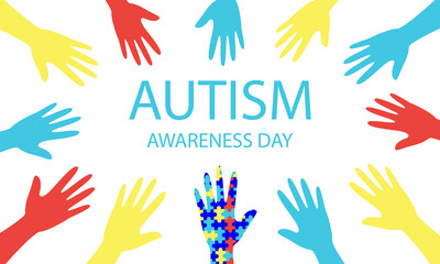 Autism awareness day, people hands, jigsaw puzzle. Banner with the inscription. Vector stock illustration. 