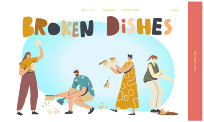 Clumsy Characters Break Dishes Landing Page Template. Men or Women Breaking Plates Smithereens with Small Pieces Scatter
