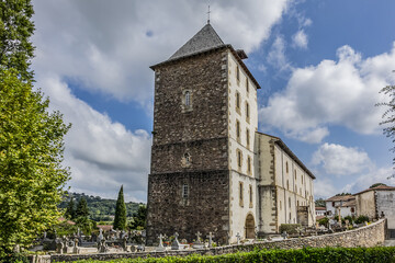 Fototapeta na wymiar Church of Holy Martin (Eglise Saint-Martin de Sare, XVII century) - most beautiful churches of Basque Country, situated in heart of Sare village. Sare, Pyrenees-Atlantiques, southwestern France.