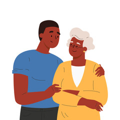 Happy adult son hugging old mother feeling love to each other. Portrait of young guy with grandma. Friendly family relationship. Cartoon vector flat illustration on white background. 