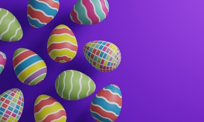Easter eggs with a colorful bright geometric pattern on a purple background. 3d render illustration.