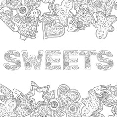Sweets text composed of gingerbread cookies. Christmas lettering. Vector illustration in hand draw style isolated on white background. Design for coloring book page, invitation card, poster, print.