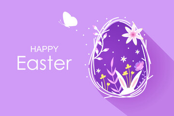 Happy easter. Beautiful Easter horizontal banner. Spring floral flat design. Vector illustration. 