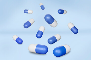 Capsules, drugs, floating on blue background. 3D Rendering