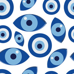 Turkish amulet against the evil eye. Blue eye. Guardian Nazar. Seamless pattern for printing on fabric, textile, paper, interior design.
