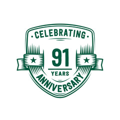 91 years anniversary celebration shield design template. 91st anniversary logo. Vector and illustration.