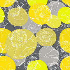 Seamless pattern with outline Daffodils on trendy colors Yellow Illuminating and Ultimate Gray spotted background. Floral trendy flowers narcissus in full bloom for textile, wallpaper, bedding.