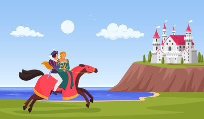 Prince and princess ride horse vector illustration. Cartoon horseman character riding to royal castle on mountain fantasy landscape, beautiful lady on horseback, fairytale love story background