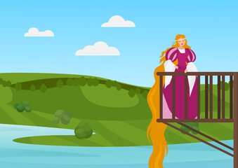 Beautiful princess on balcony vector illustration. Cartoon happy rapunzel character with long hair standing on balcony of magic palace or medieval castle and smiling, fairy tale story background