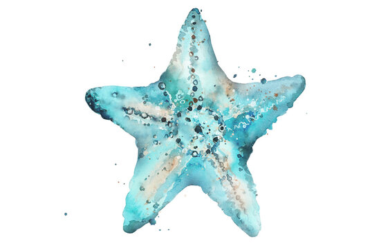 Watercolor starfish with splashing water. Aquamarine watercolour illustration on white.