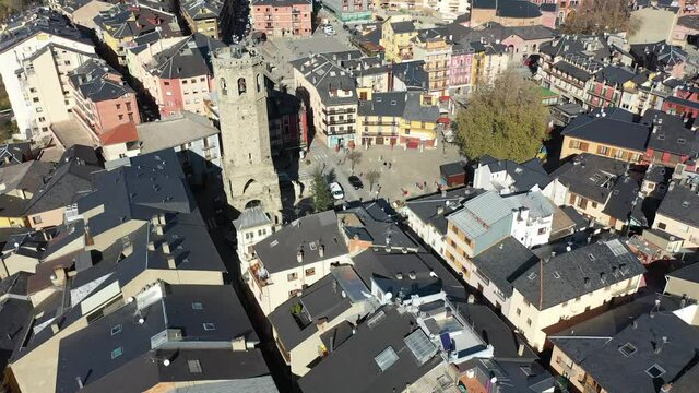 top view of landscape with houses and tower in Puigcerda in Spain 