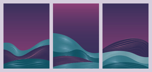 Abstract simple blue waves in minimal gradient nature landscape vector illustration set. Minimalist wavy night scenery and purple sky in vertical modern template background for social media stories