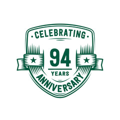 94 years anniversary celebration shield design template. 94th anniversary logo. Vector and illustration.