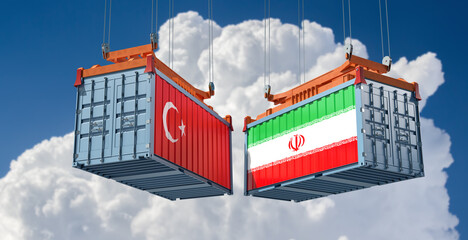 Naklejka premium Freight containers with Iran and Turkey flag. 3D Rendering 