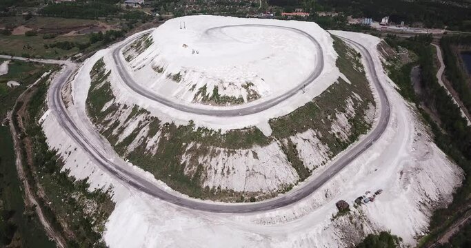 Aerial view of White Mountain near Russian town of Voskresensk - slagheap entirely composed of phosphogypsum mining wastes
