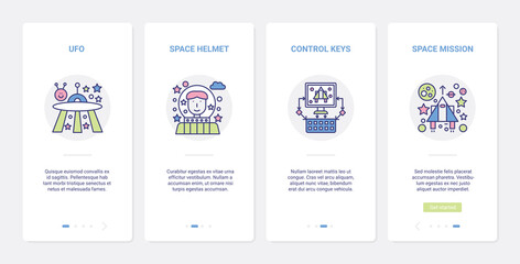 Video digital game, space mission vector illustration. UI, UX onboarding mobile app page screen set with line control gamepad for gamer, aliens ufo spaceship and stars planets, astronaut in spacesuit