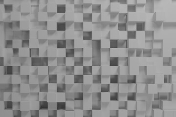 Realistic white solid cubes with a shadow of the same size, located in space at different levels. Abstract background of 3d cubes. Background of dark cubes. 3d rendering.3d panel.