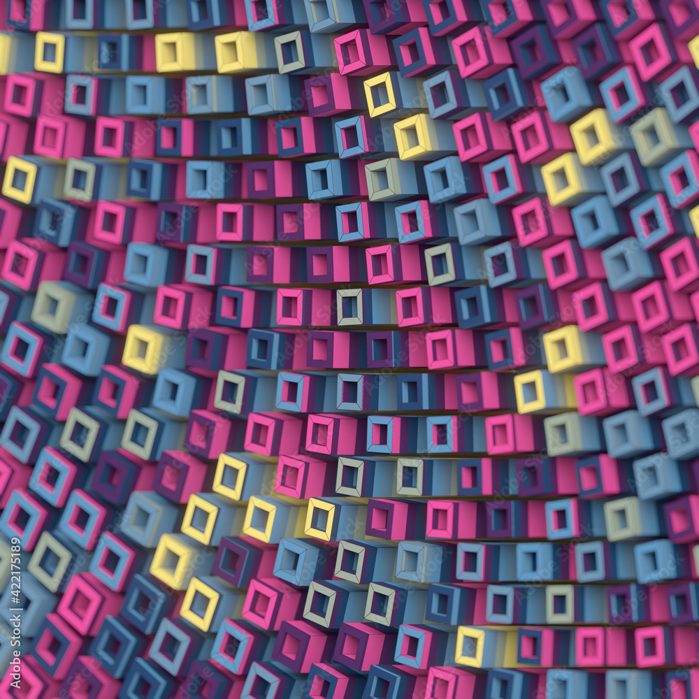 Aufkleber Abstract geometric pattern of rotated multicolored boxes with a striped texture. 3d render illustration. Isometric view